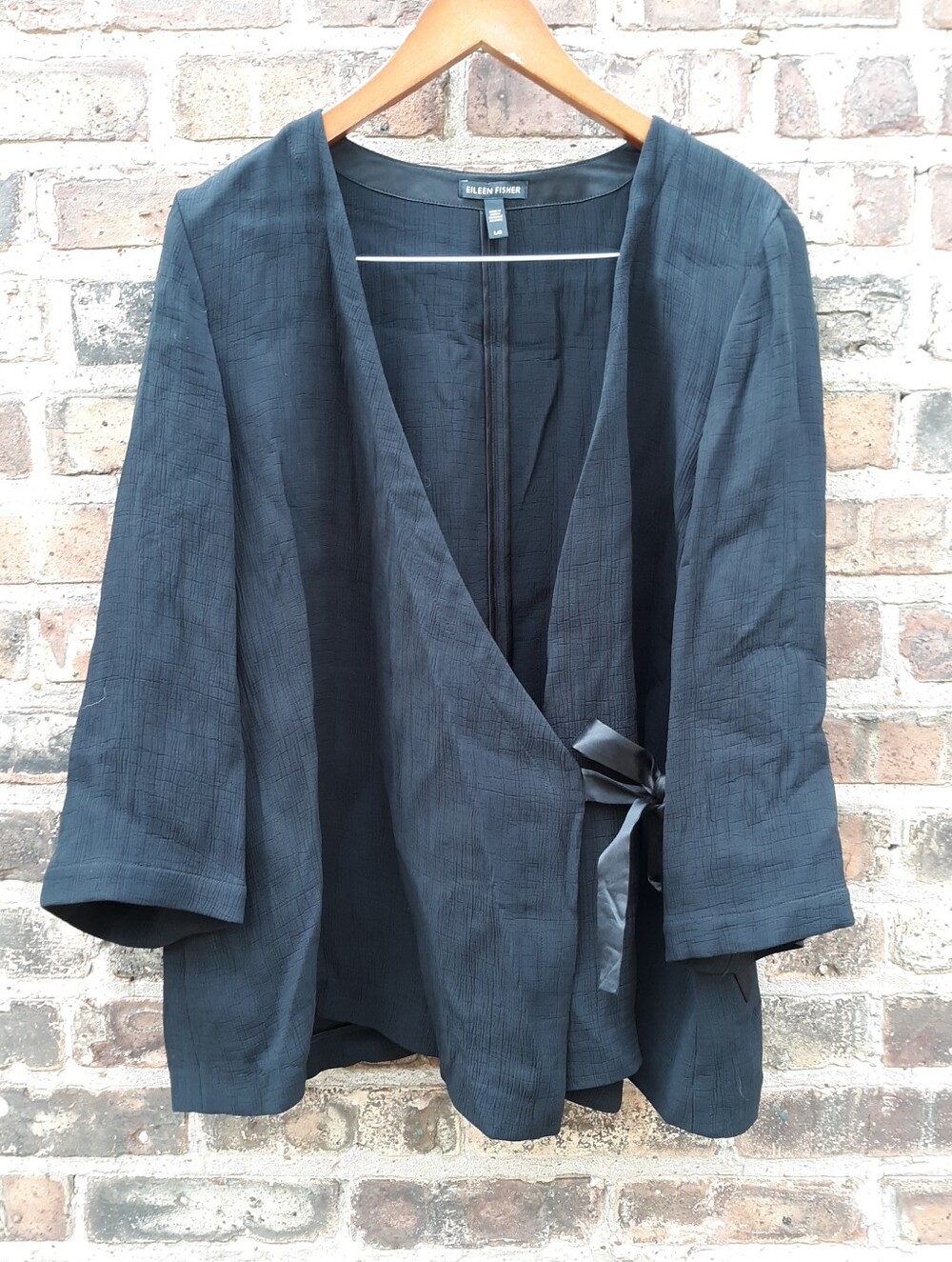 Eileen Fisher Rayon Silk Textured Wrap Jacket Black L Satin Tie Closure Comfort